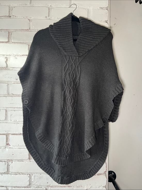 None Sweaters - Dark grey Cable-Knit Shawl Collar Sweater Poncho with side buttons